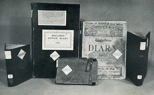 Above: The five Black Diaries—1 (centre), the Army Book, a small field service notebook [Feb. & July 1902]; 2 (from left to right), Lett’s Pocket Diary & Almanac [Feb. 1903–Jan. 1904]; 3, Dollard’s Office Diary for 1910; 4, Charles Lett’s Popular Desk Diary 1911; 5, Cash Leger [1910 & 1911]. (UKNA)