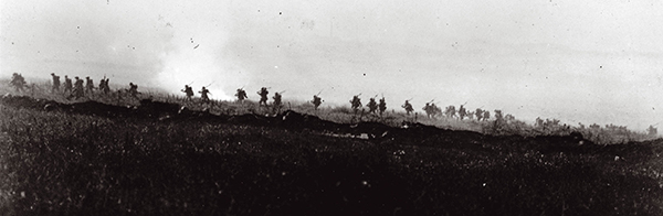 Above: Some of the 3,000 Irishmen in the 103rd Tyneside Brigade, a ‘pals’ unit from Newcastle, photographed walking towards the German lines on the morning of 1 July 1916. (NMI)