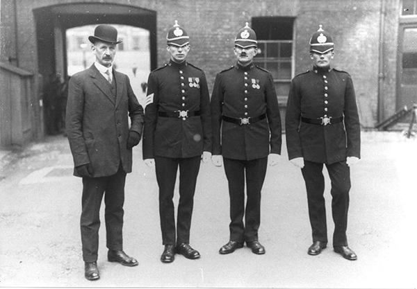 Above: Sergeant John Barton (second from the left) in Dublin Castle on 2 February 1917 after he had been awarded his first King’s Police Medal (third medal on the right) for his services in the Easter Rising, when he disregarded orders to remain in barracks. He was awarded a second in early 1918 for his services in 1917, the only member of the DMP to win two. (Garda Stephen Moore)