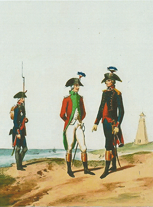 Above: Uniforms of the Armée d’Irlande—an Irish officer (centre), with a French marine private (left) and officer (right).