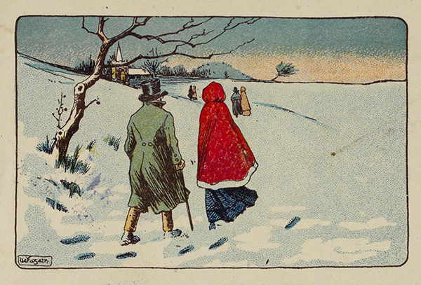 Above: George Fagan’s image of a couple making their way across snow-covered fields to a small chapel is lent its Irishness by the content and look of the associated greeting in Irish and English. (NMI)