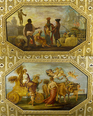 Above: The coach is an excellent example of English craftsmanship, expensively carved and gilded, with panels painted by English artist William Hamilton.