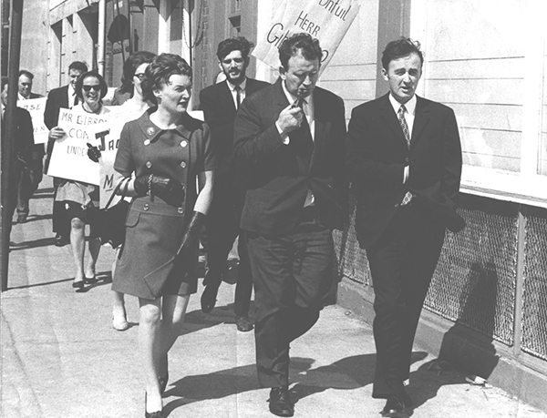 Above: Fianna Fáil Senator Bernard McGlinchey (centre) with Capt. James Kelly and his wife Sheila during a lunch break at the Arms Trial, 16 October 1970. In the midst of the St Johnston trouble in July 1972 he had phoned the Department of Justice, telling them that ‘Protestants in St Johnston [are] terrified that they will be burned out tonight’. (captainkelly.org)