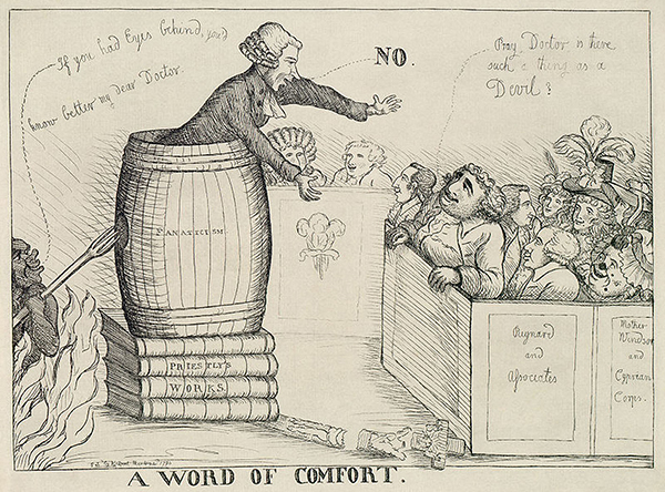 Above: ‘A word of comfort—No’, a commentary on the efforts of Charles James Fox to obtain the repeal of the Test and Corporation Acts, under which Catholics and Dissenters were excluded from office.